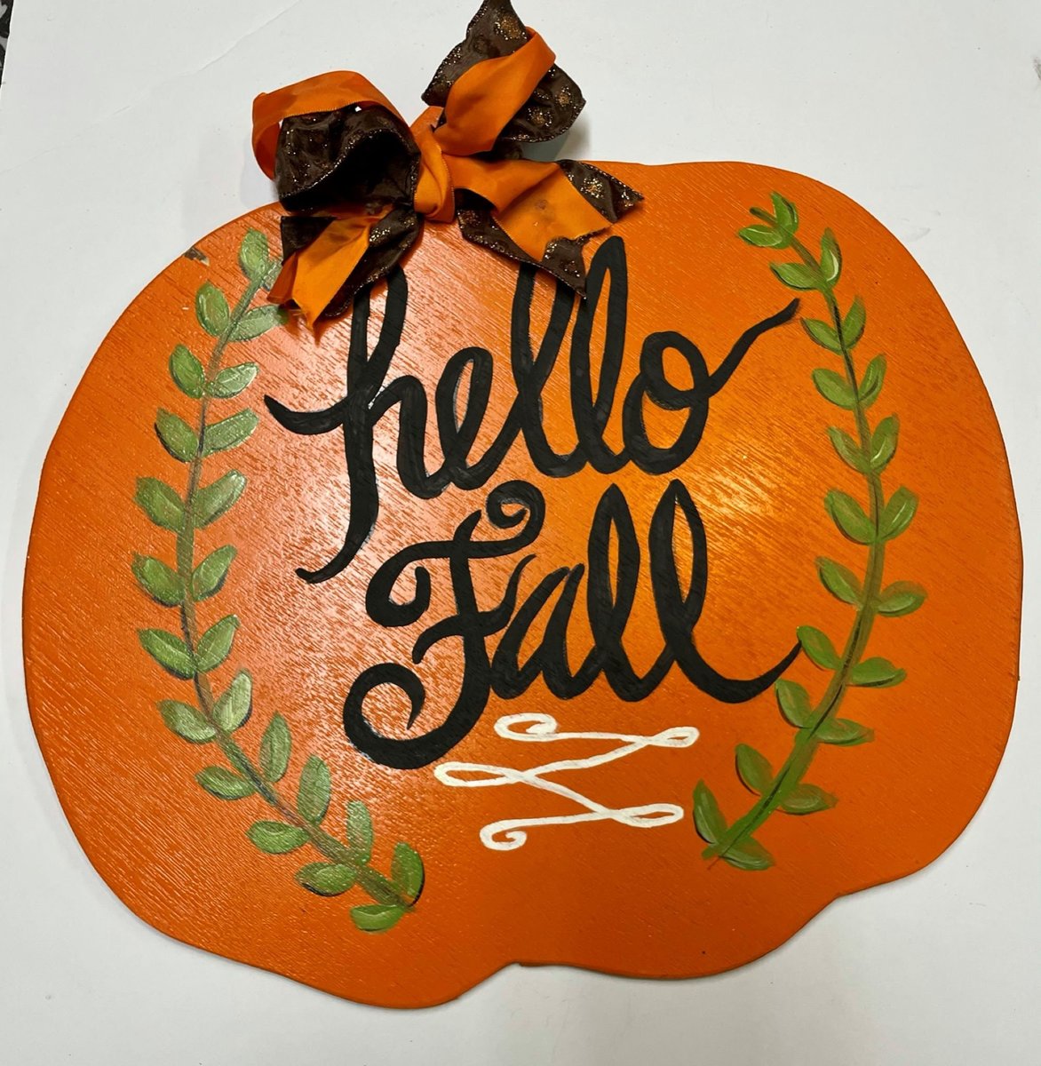 Hello Fall with Laurels Pumpkin Wood Door Hanger