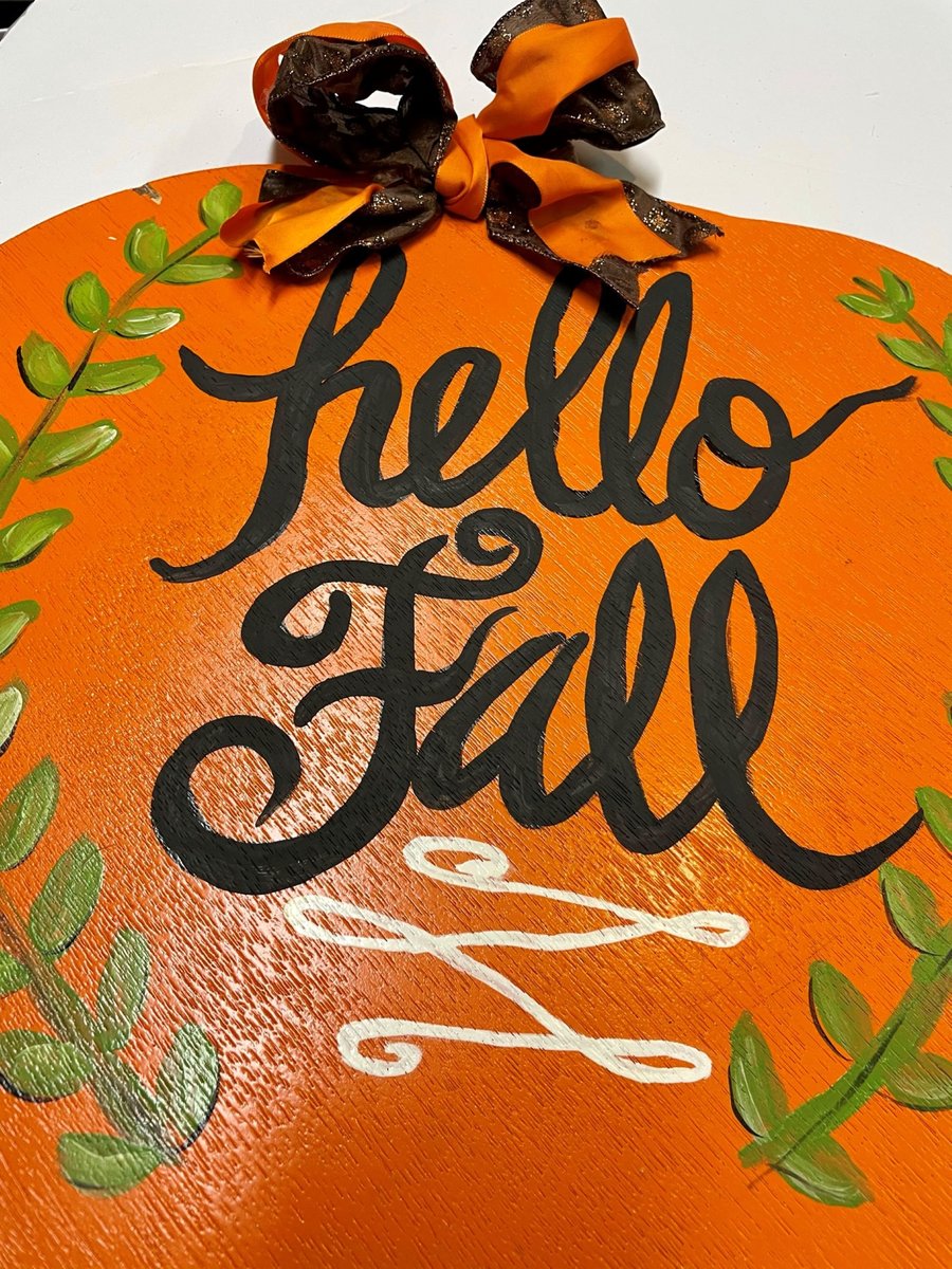 Hello Fall with Laurels Pumpkin Wood Door Hanger