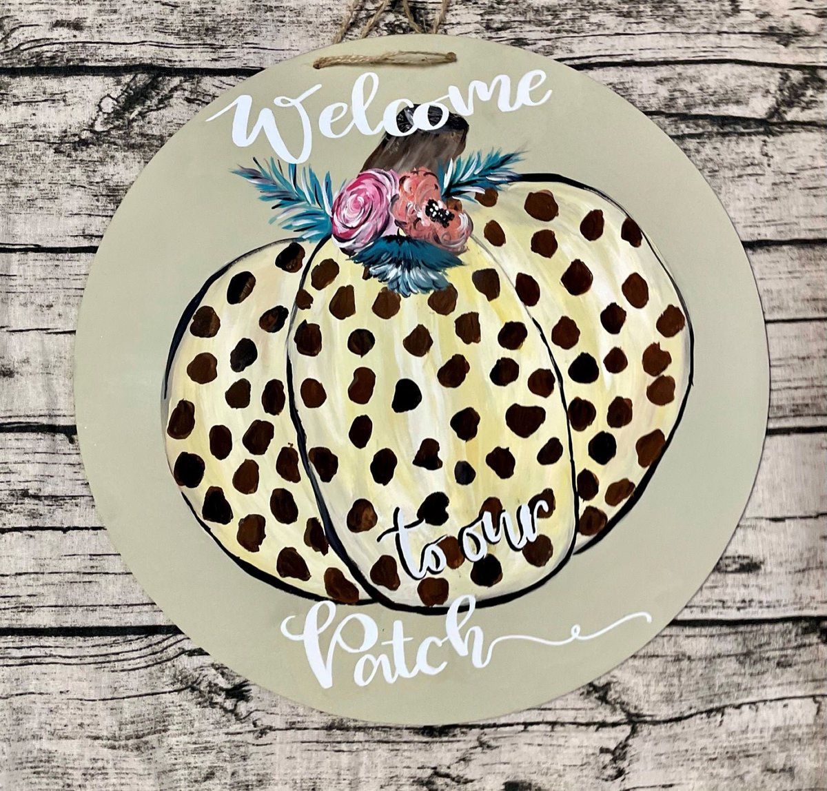 Welcome to Our Patch Pumpkin Door Hanger – Leopard Print Fall Front Door Sign – Rustic Farmhouse Autumn Décor – Pumpkin Porch Decoration