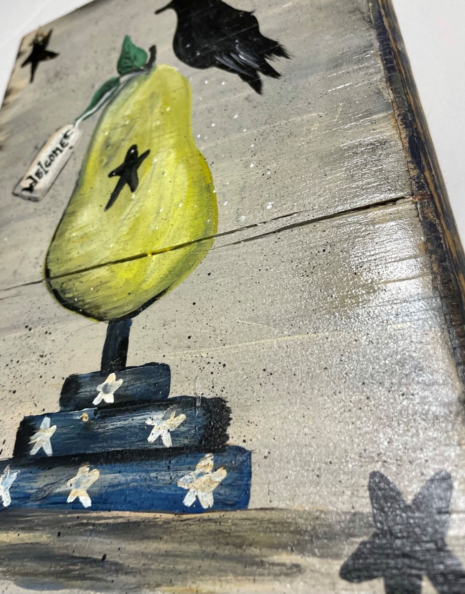 Welcome Pear Crow Prim Hand Painted Sign
