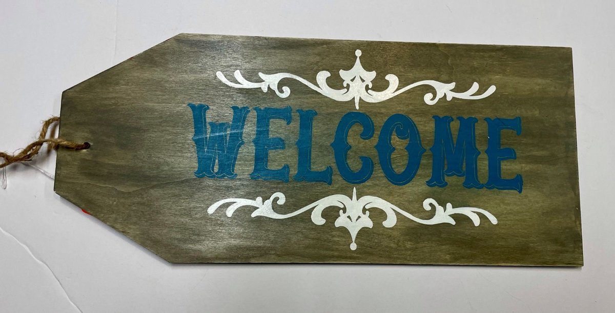 Welcome Gray and Teal Wooden Door Tag