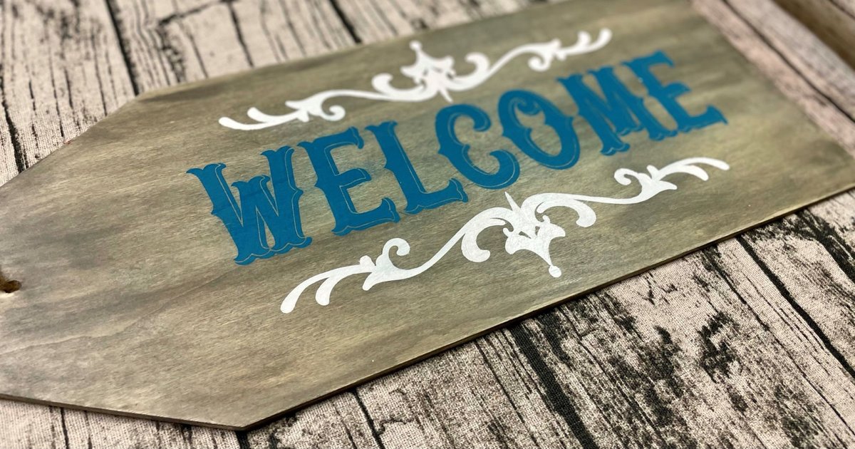 Welcome Gray and Teal Wooden Door Tag