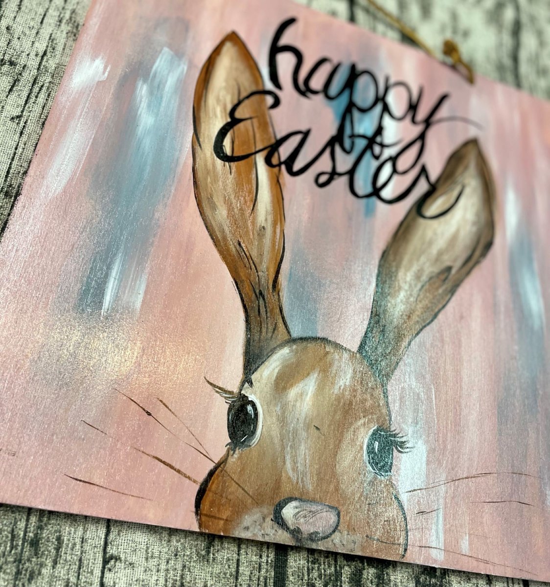 Happy Easter Bunny Head Wooden Pastel Painted Door Hanger Sign