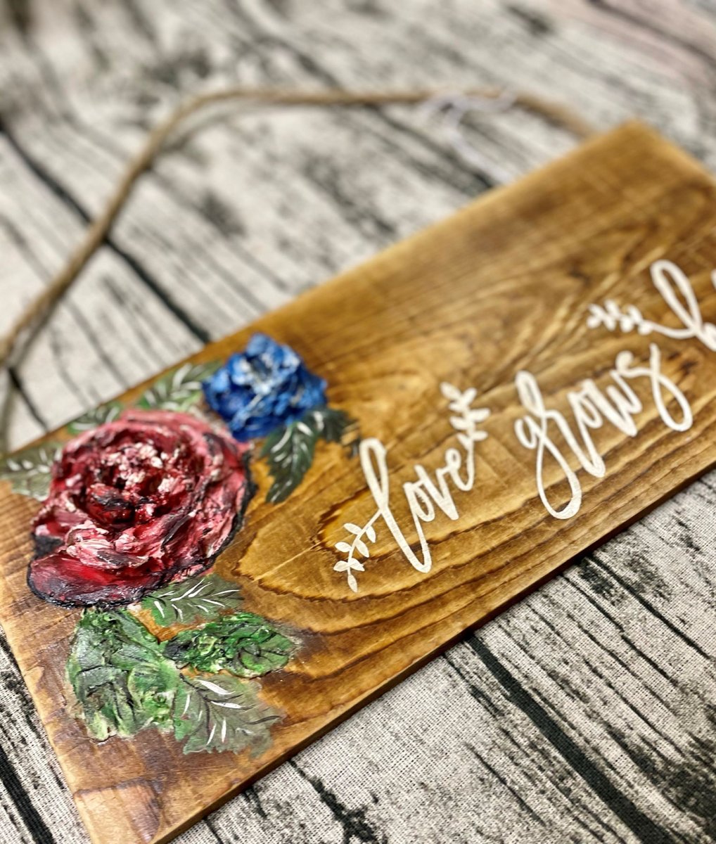 Love Grows Here Raised Flower Wood Hanging Sign