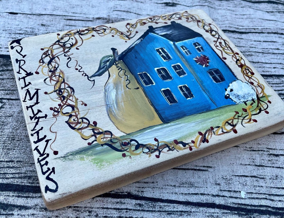 Primitive Blue Saltbox Sheep Wooden Shelf Sitter Sign