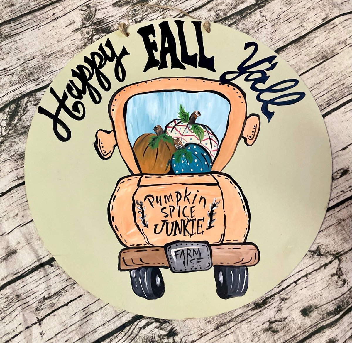 Hand-Painted Fall Door Hanger – Pumpkin Spice Junkie Truck, Farmhouse Decor