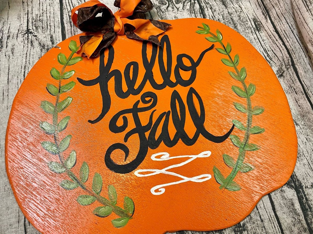 Hello Fall with Laurels Pumpkin Wood Door Hanger