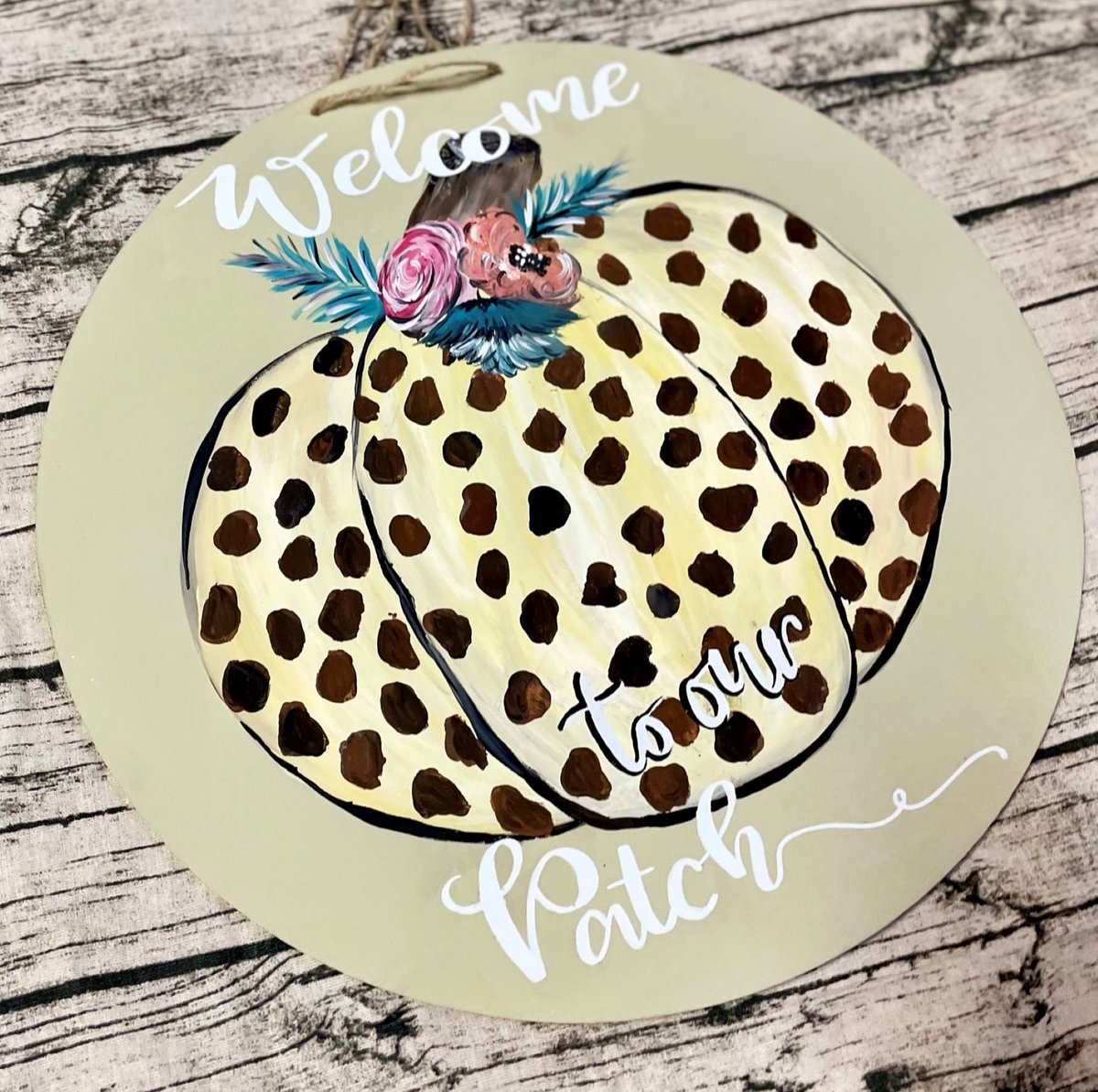 Welcome to Our Patch Pumpkin Door Hanger – Leopard Print Fall Front Door Sign – Rustic Farmhouse Autumn Décor – Pumpkin Porch Decoration