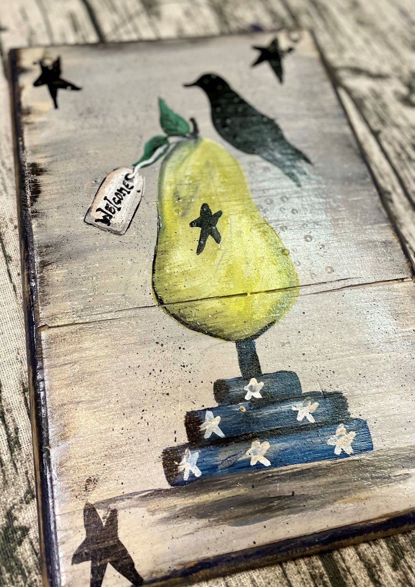 Welcome Pear Crow Prim Hand Painted Sign