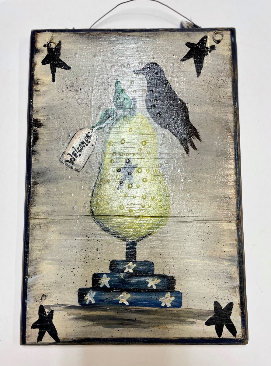 Welcome Pear Crow Prim Hand Painted Sign