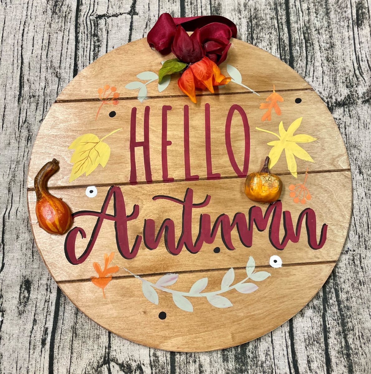 Hello Autumn Round Wood Door Hanger