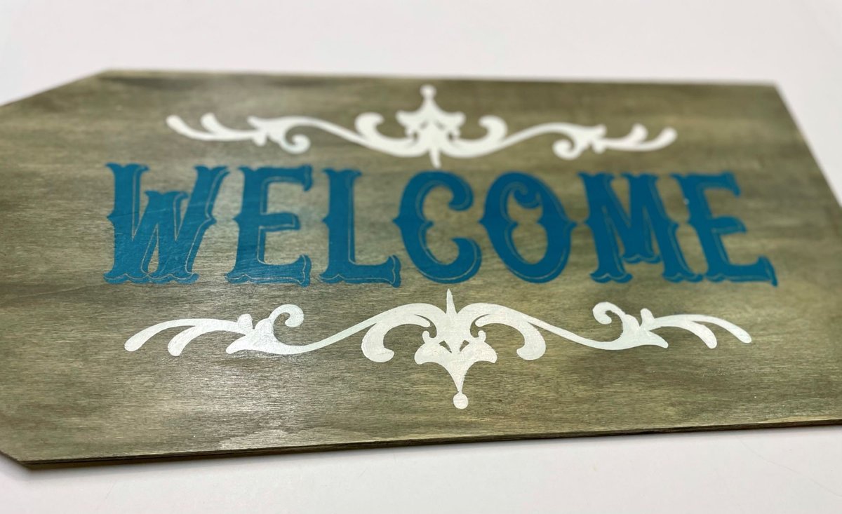 Welcome Gray and Teal Wooden Door Tag