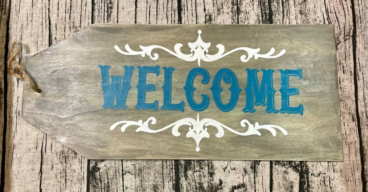 Welcome Gray and Teal Wooden Door Tag