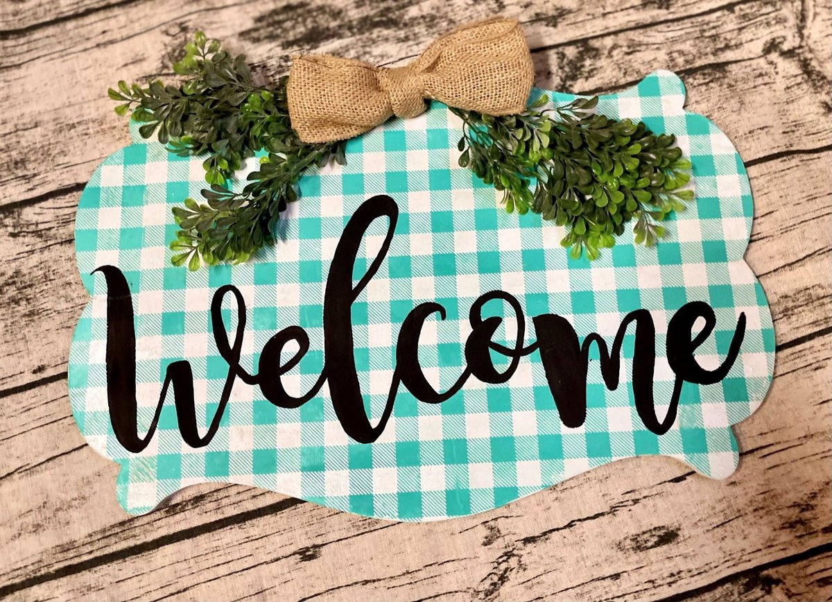 Teal Checkered Welcome Wooden Sign/Decor/Fern Burlap Bow