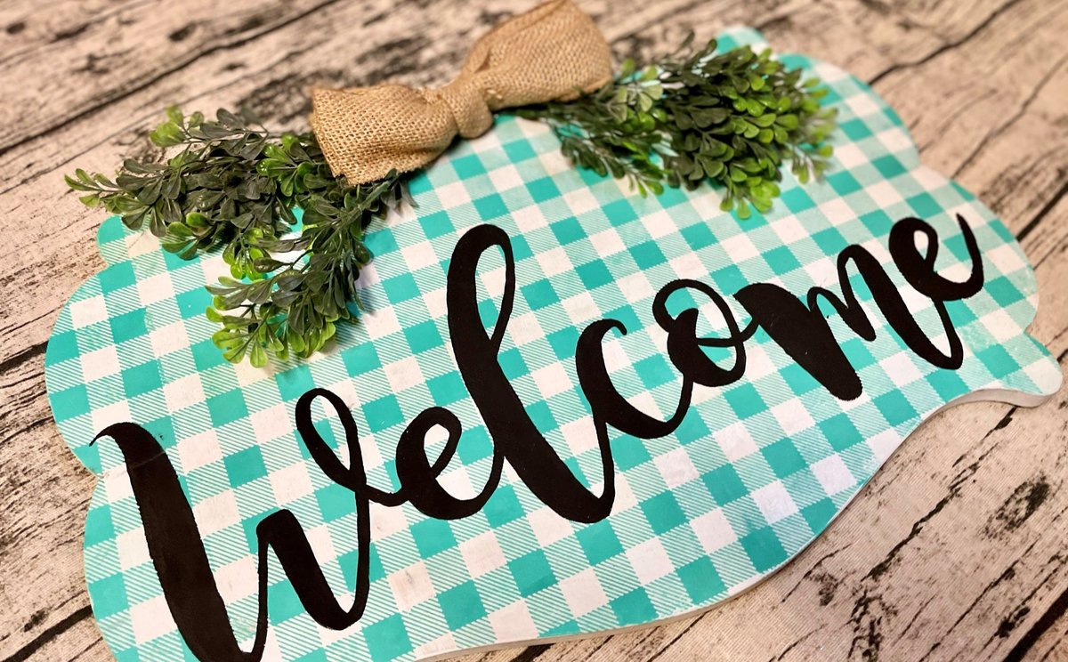 Teal Checkered Welcome Wooden Sign/Decor/Fern Burlap Bow