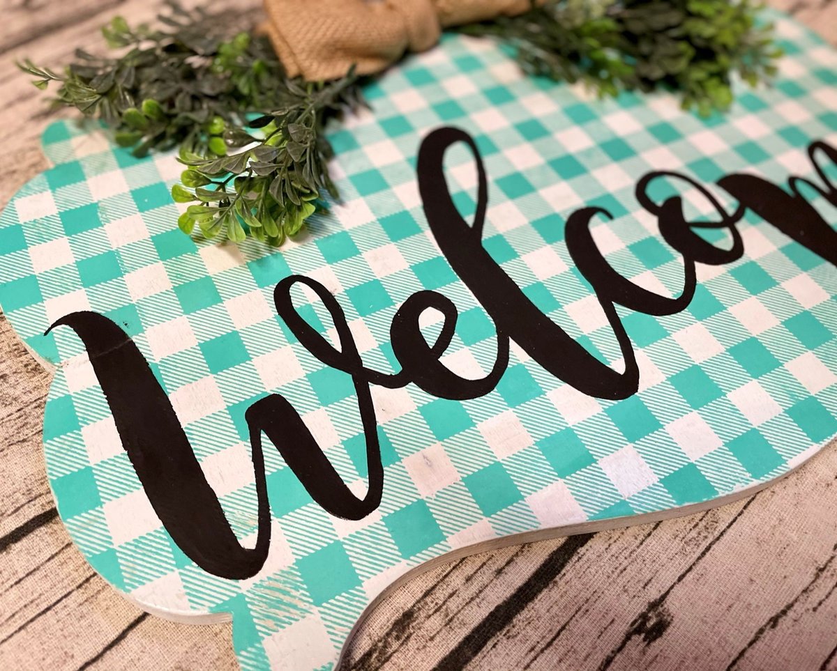 Teal Checkered Welcome Wooden Sign/Decor/Fern Burlap Bow