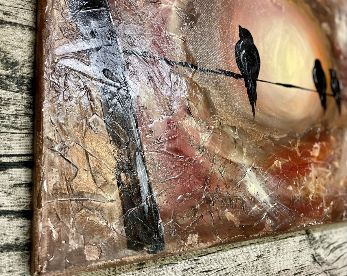 Textured Bird Silhouette Painting – Rustic Sunset Wall Art