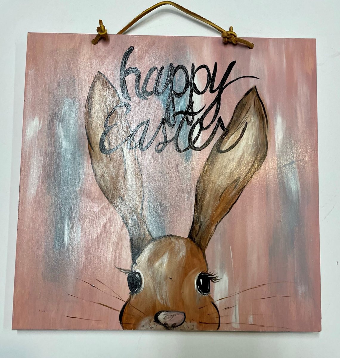 Happy Easter Bunny Head Wooden Pastel Painted Door Hanger Sign