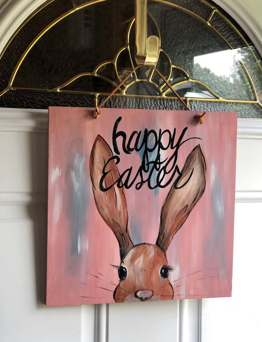 Happy Easter Bunny Head Wooden Pastel Painted Door Hanger Sign