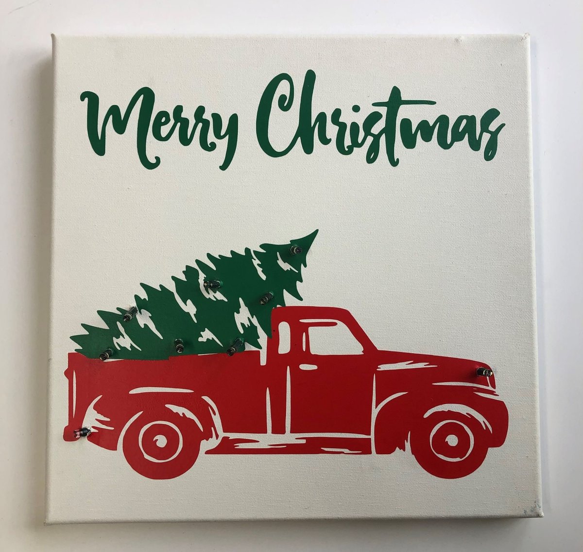 Merry Christmas Red Truck Tree Lighted Stretched Canvas