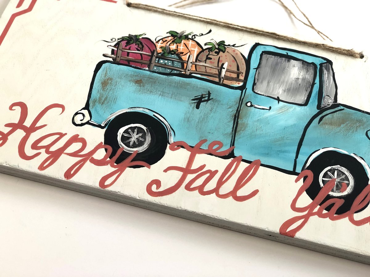 Happy Fall Y'all WV Blue Truck Reclaimed Wooden Painted Door Hanger Sign Decor