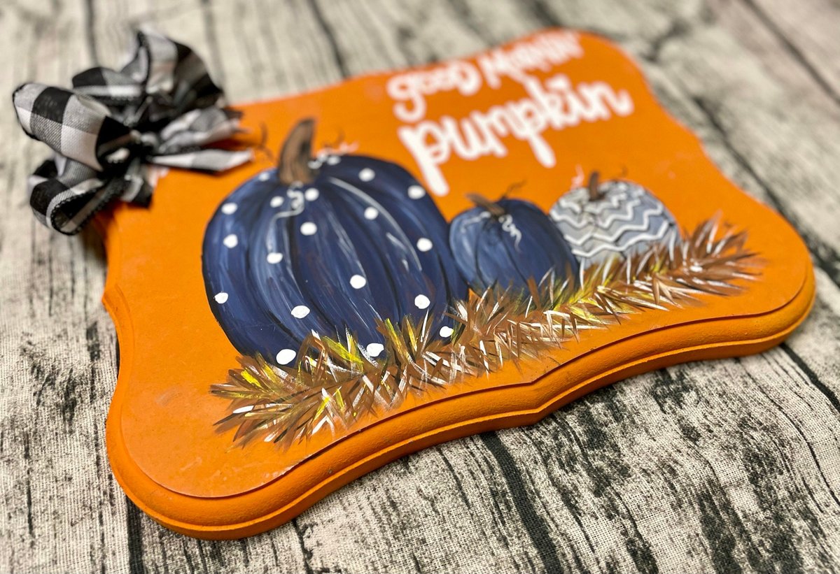 Good Morning Pumpkin Hand Painted Wooden Sign Decor Blue Pumpkins