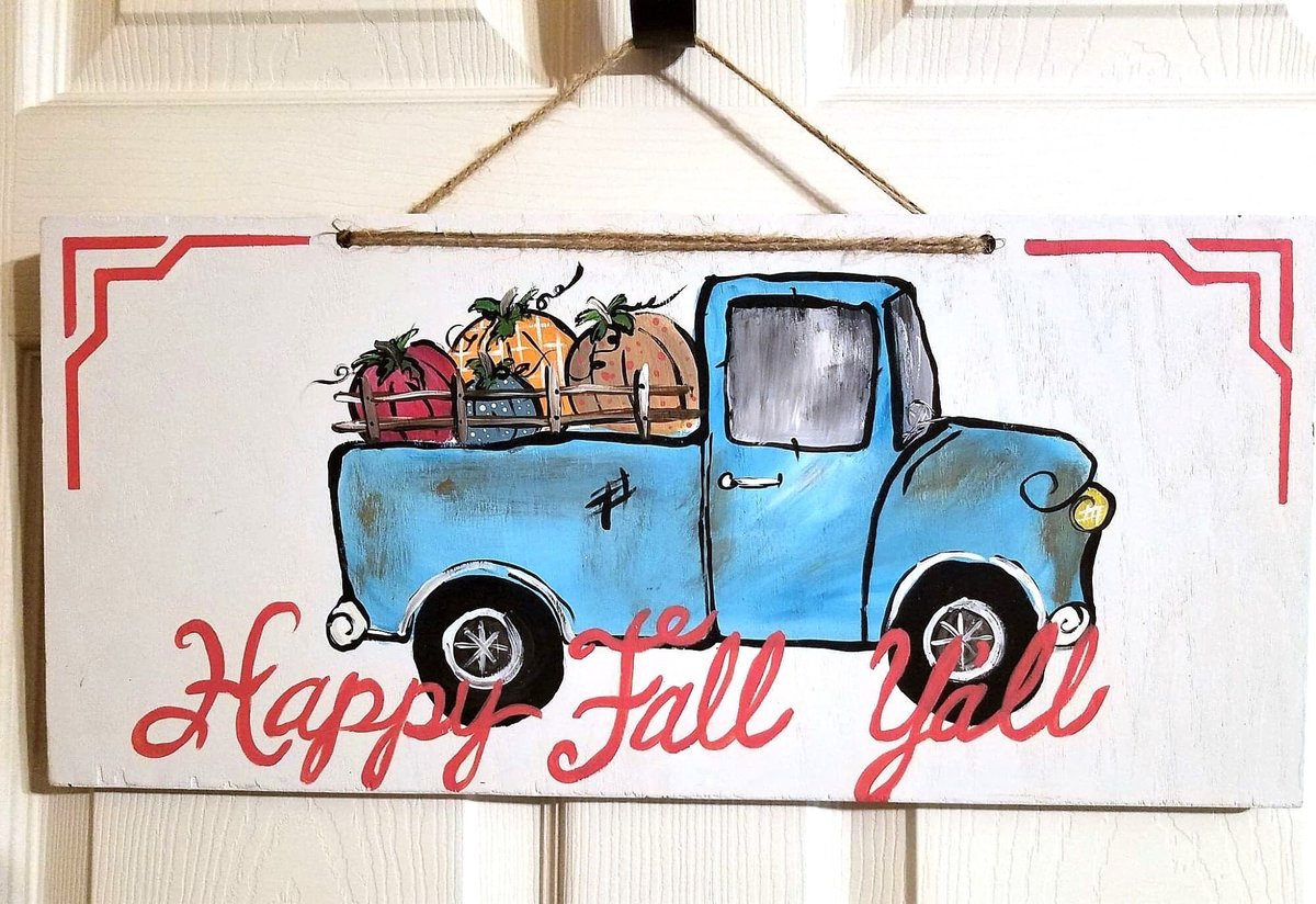 Happy Fall Y'all WV Blue Truck Reclaimed Wooden Painted Door Hanger Sign Decor
