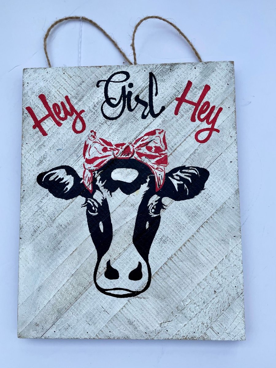 Hey Girl Hey Red Bandana Cow Wooden Decor Door Sign