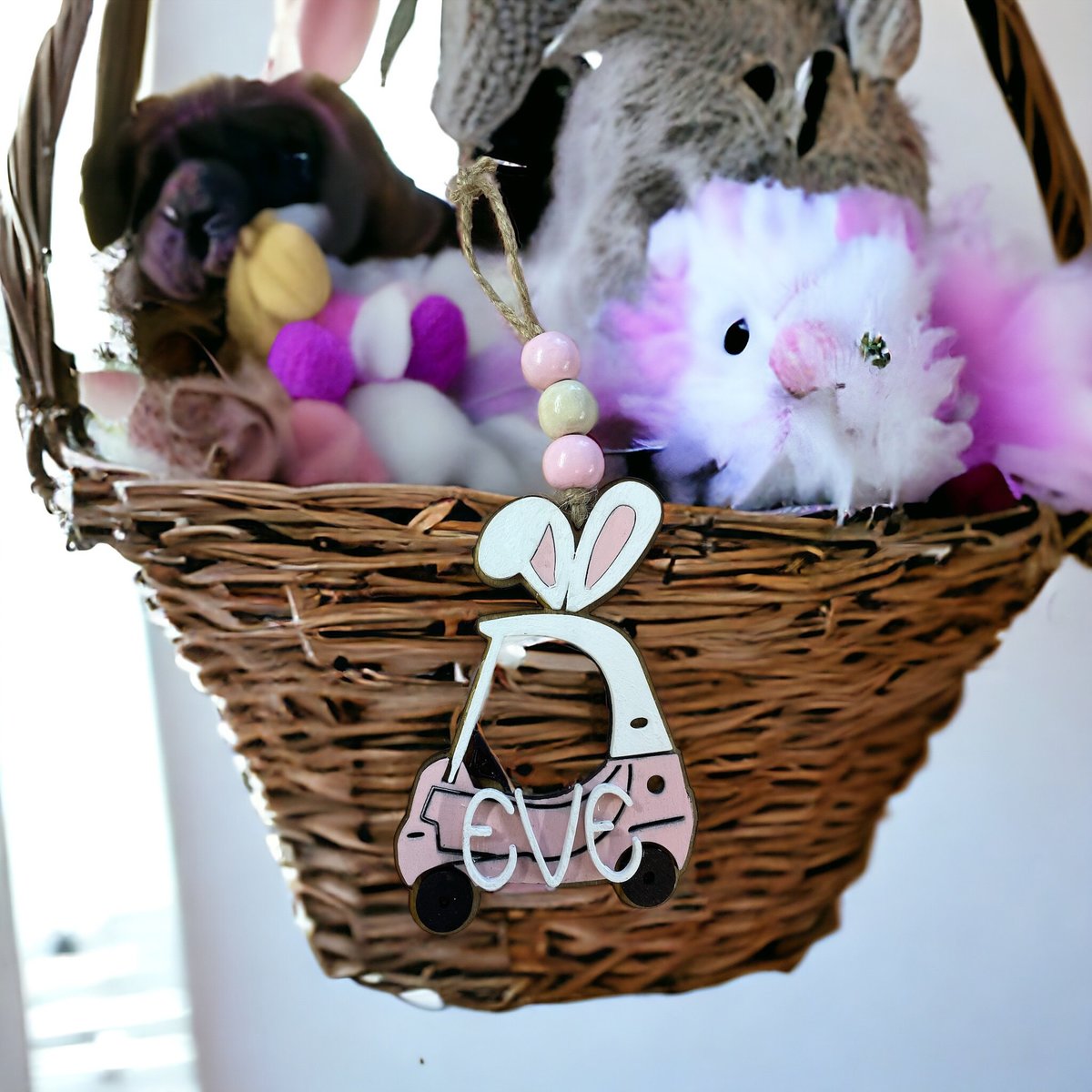 Mini Car Bunny Basket Custom Name Ornament Tag
