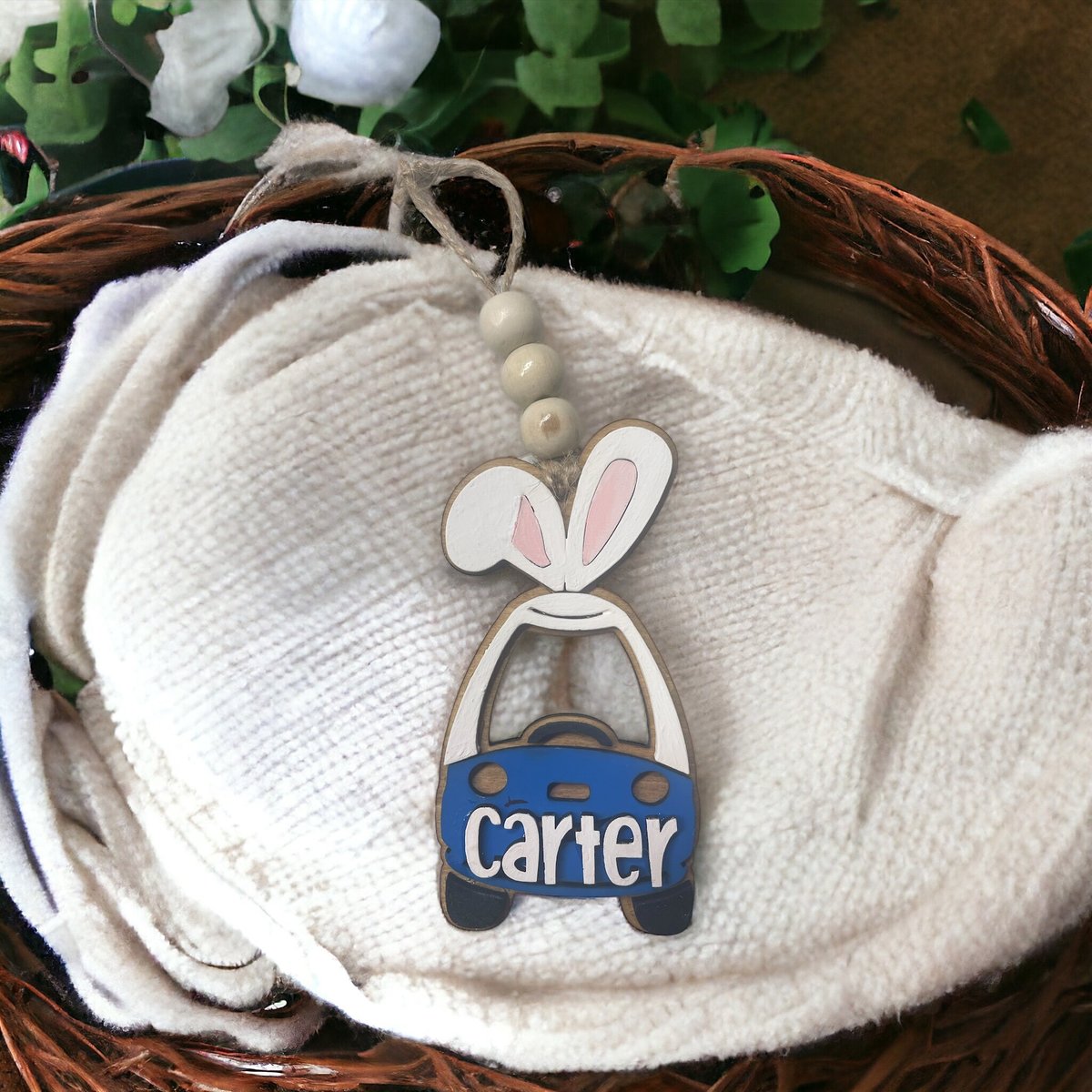 Mini Car Bunny Basket Custom Name Ornament Tag
