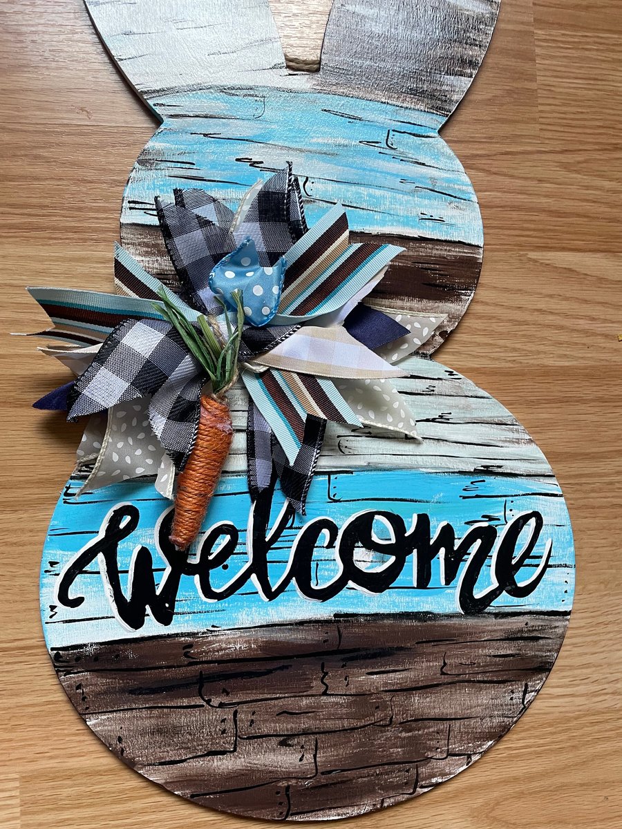 Blue and Brown Wood Shades Welcome Easter Spring Bunny Wooden Door Hanger Sign