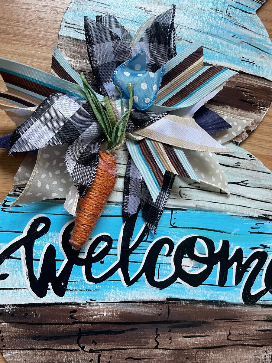 Blue and Brown Wood Shades Welcome Easter Spring Bunny Wooden Door Hanger Sign