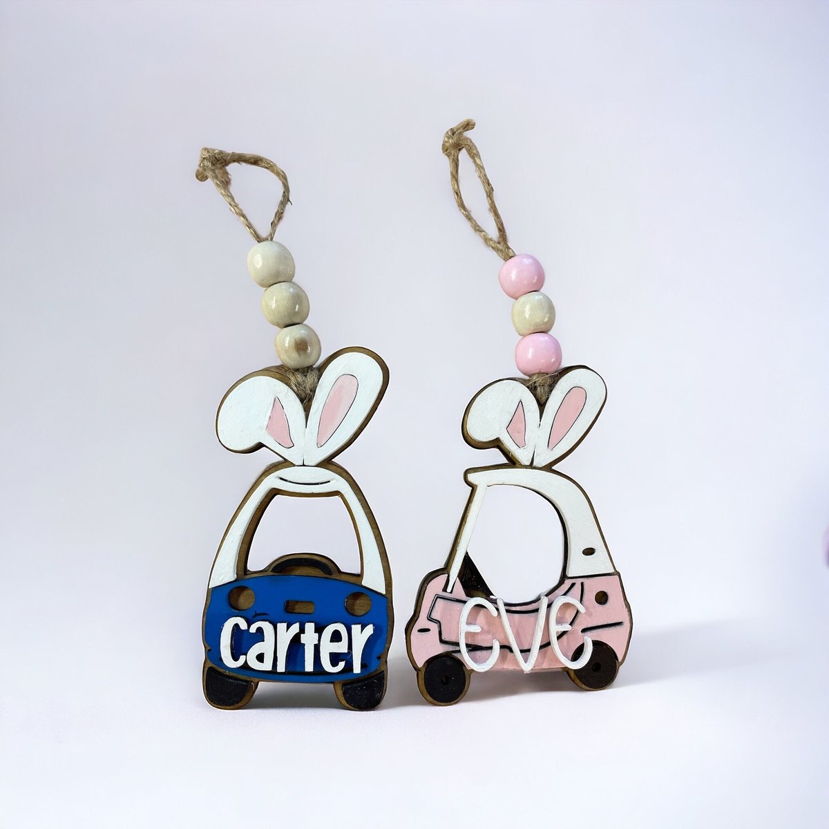 Mini Car Bunny Basket Custom Name Ornament Tag