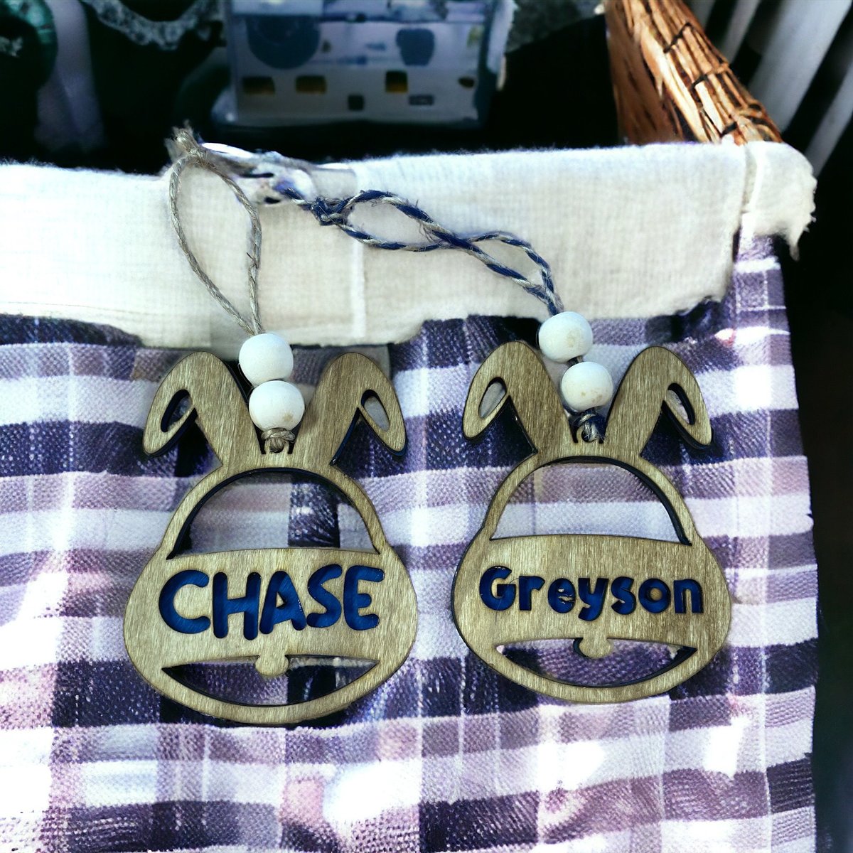 Cute Open Bunny Face Custom Basket Ornament Tag