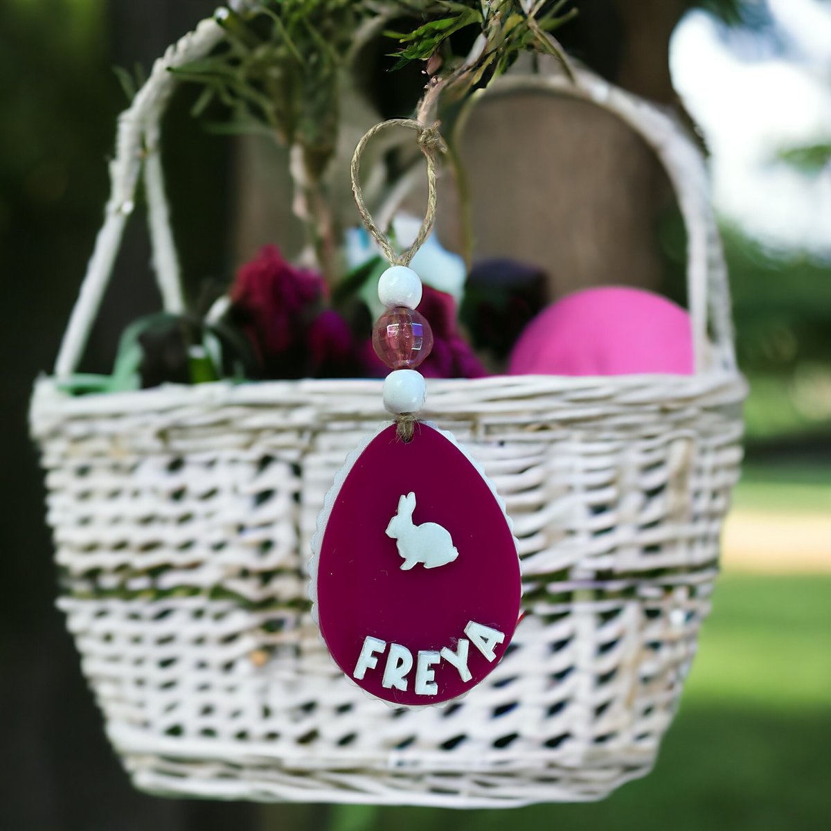 Scalloped Acrylic & Wood Custom Bunny Basket Ornament Tag