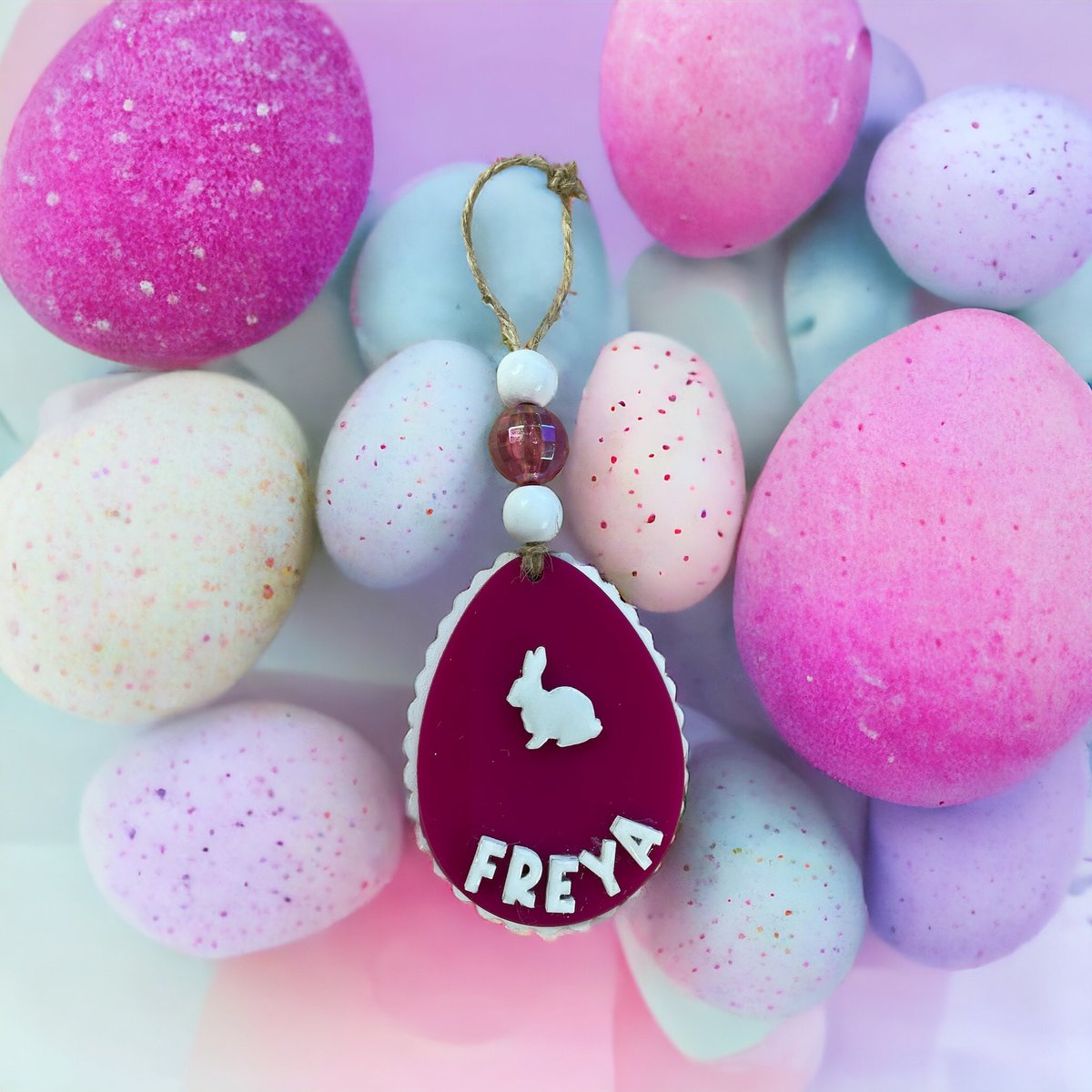 Scalloped Acrylic & Wood Custom Bunny Basket Ornament Tag