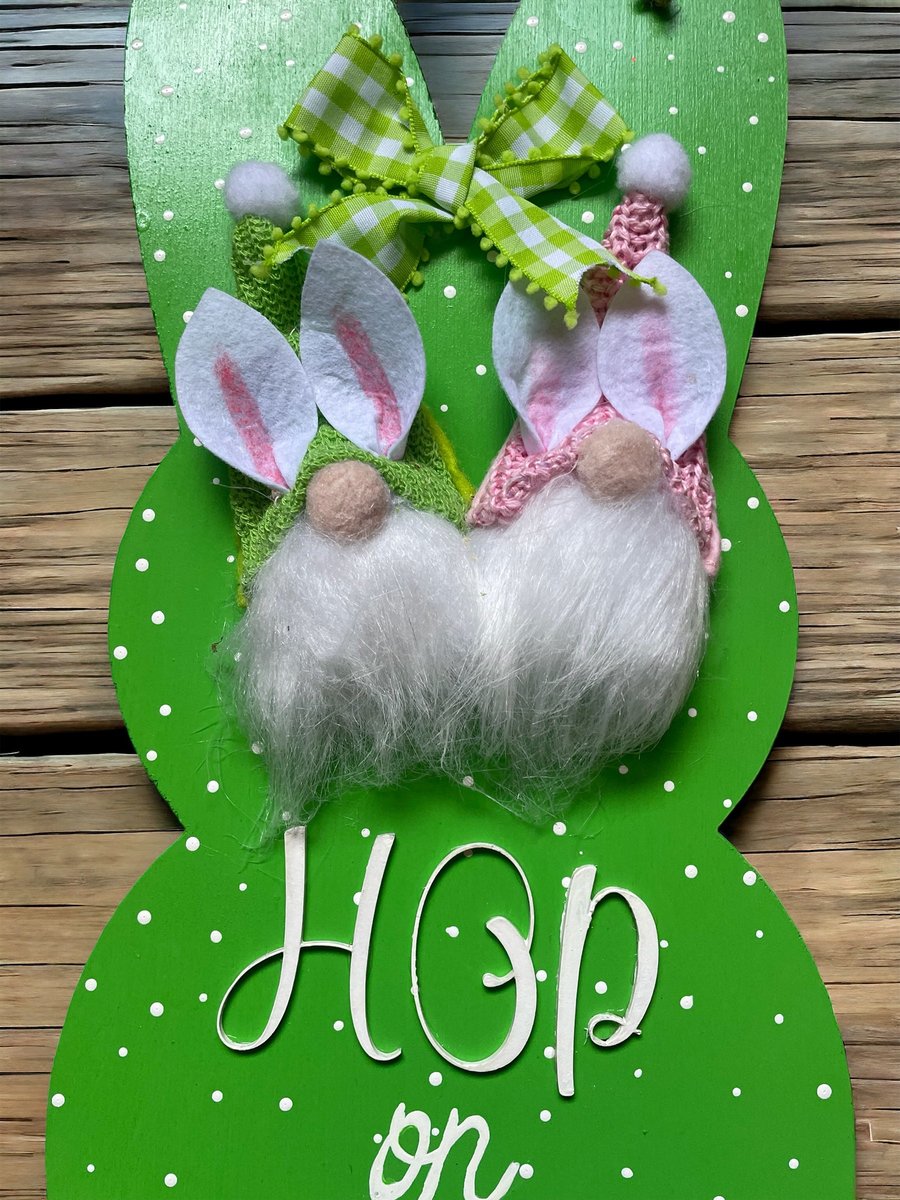 Hop On In Easter Spring Bunny Wooden Door Hanger Sign