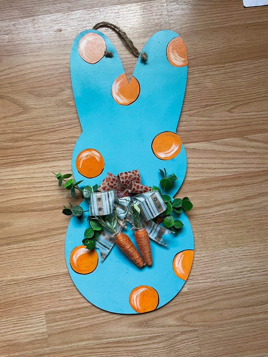 Orange Polka Dot Carrot Easter Spring Bunny Wooden Door Hanger Sign