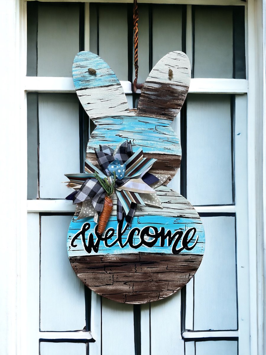 Blue and Brown Wood Shades Welcome Easter Spring Bunny Wooden Door Hanger Sign