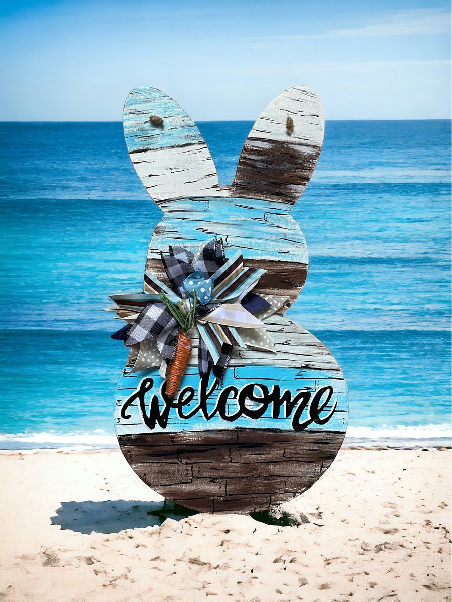 Blue and Brown Wood Shades Welcome Easter Spring Bunny Wooden Door Hanger Sign