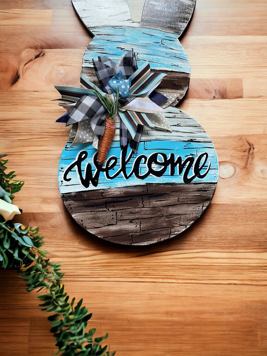 Blue and Brown Wood Shades Welcome Easter Spring Bunny Wooden Door Hanger Sign