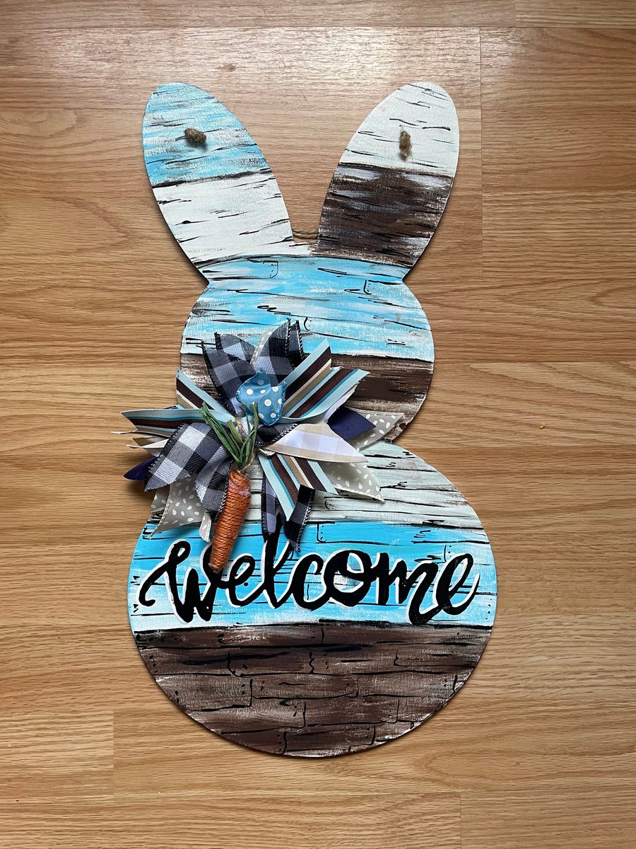 Blue and Brown Wood Shades Welcome Easter Spring Bunny Wooden Door Hanger Sign