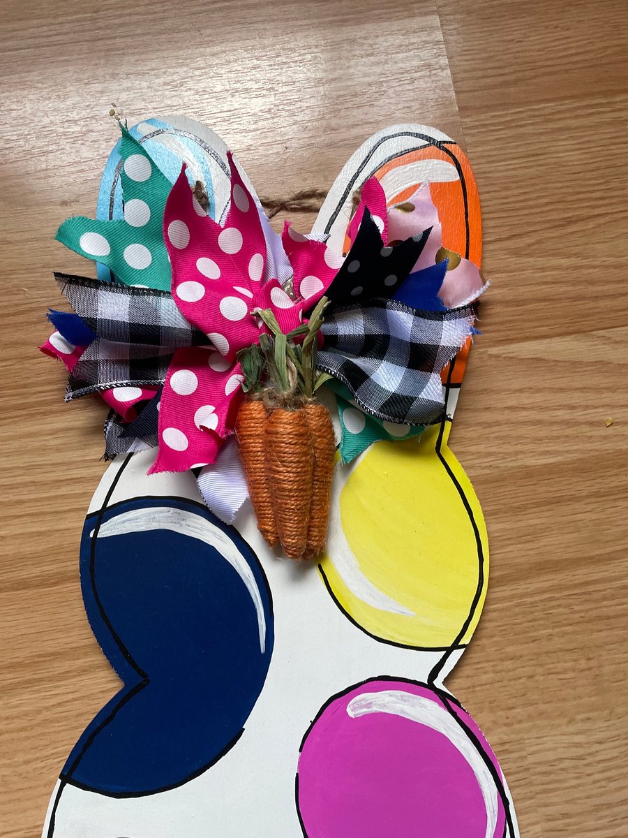 Colorful Polka Dot Easter Spring Bunny Wooden Door Hanger Sign