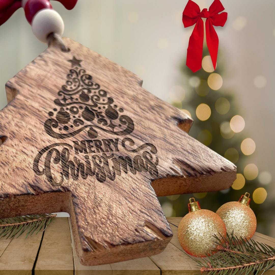 Rustic Wooden Christmas Tree Ornament “Merry Christmas” Engraved Tree w/ Red Bow & Beaded Hanger | Farmhouse Holiday Décor | Wooden Tree Tag