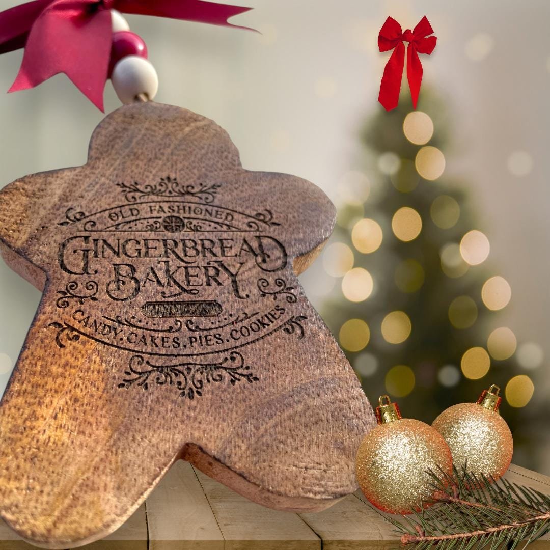 Gingerbread Bakery Ornament – Rustic Wooden Gingerbread Man Christmas w/ Red Bow & Beaded Hanger | Farmhouse Holiday Décor | Santa’s Bakery