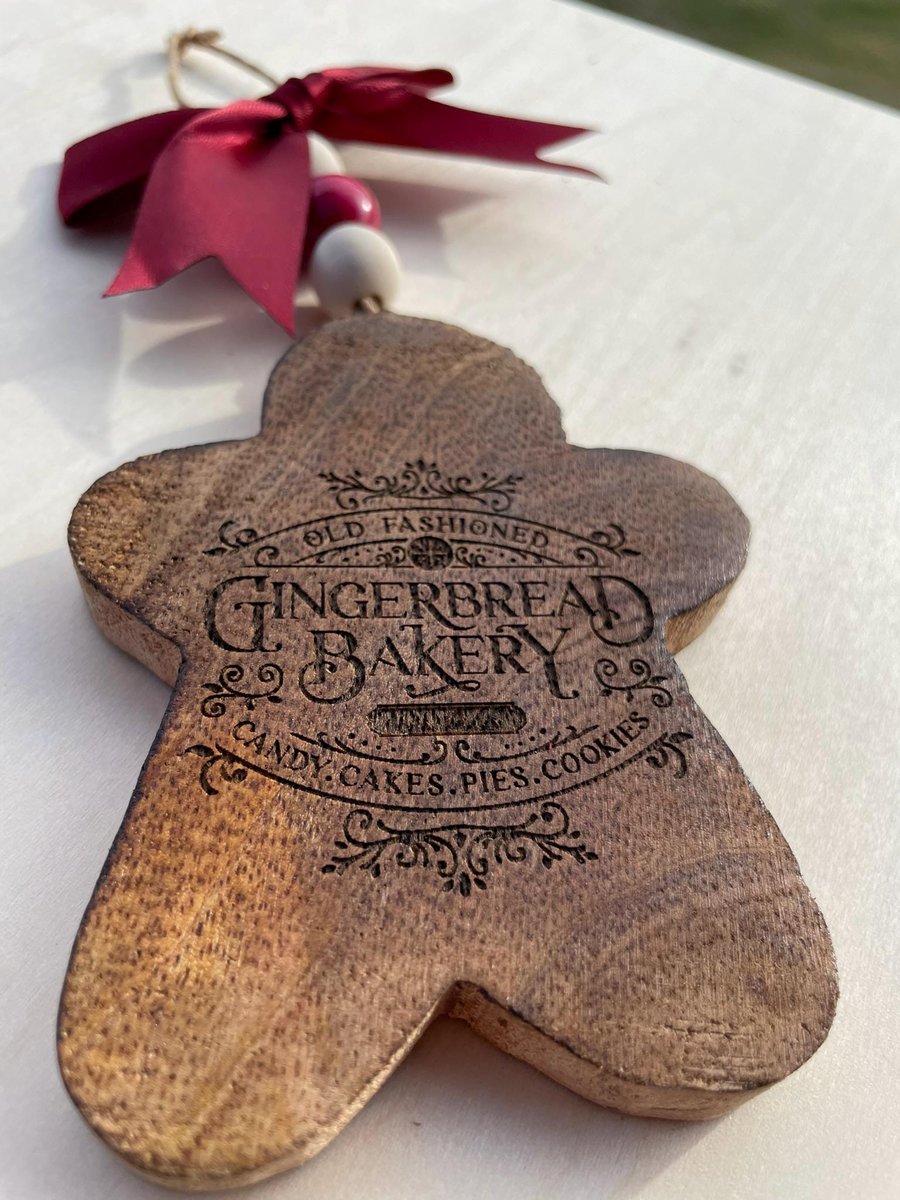 Gingerbread Bakery Ornament – Rustic Wooden Gingerbread Man Christmas w/ Red Bow & Beaded Hanger | Farmhouse Holiday Décor | Santa’s Bakery
