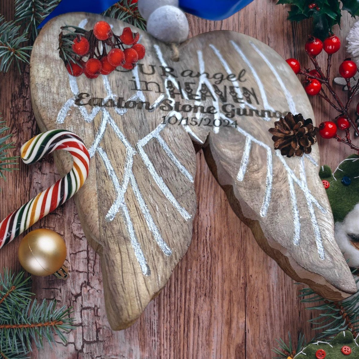 Vintage Wood Old Fashioned Angel Wing Memorial Christmas Tree Ornament