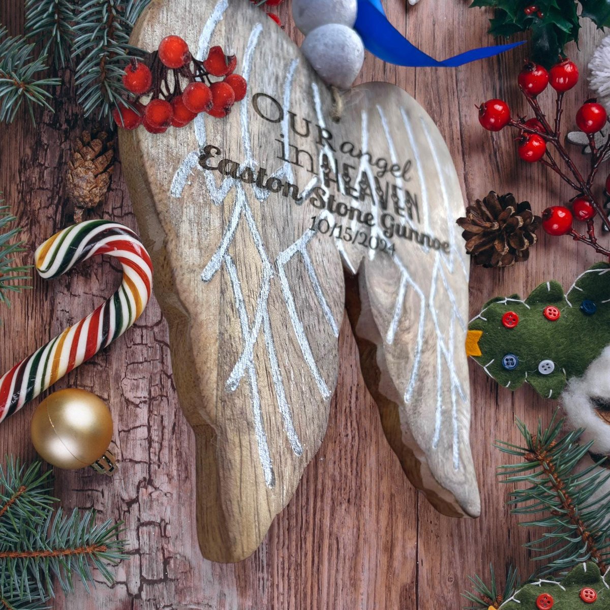 Vintage Wood Old Fashioned Angel Wing Memorial Christmas Tree Ornament