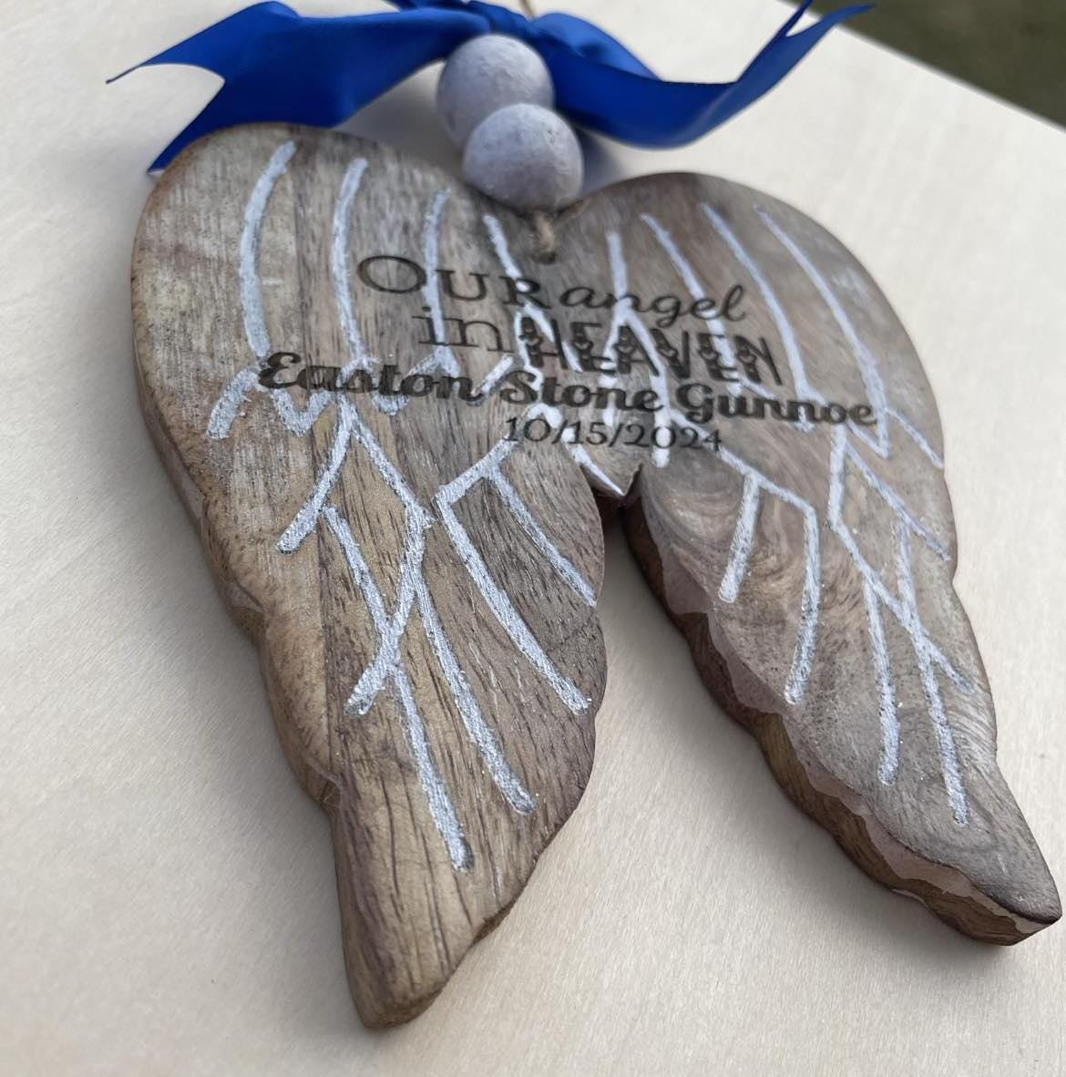 Vintage Wood Old Fashioned Angel Wing Memorial Christmas Tree Ornament