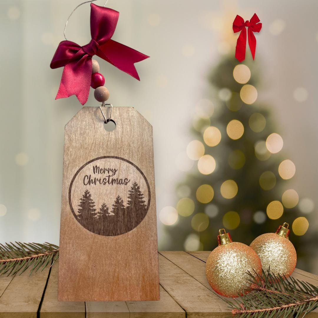 Personalized Stained Wooden Christmas Gift Tag - Tree Landscape